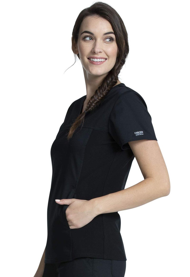 Cherokee V-Neck Knit Panel Scrub Top for Women Modern Classic Fit with Stretch Side Panels & Kangaroo Pocket - WW2875, M, Black - Image 3